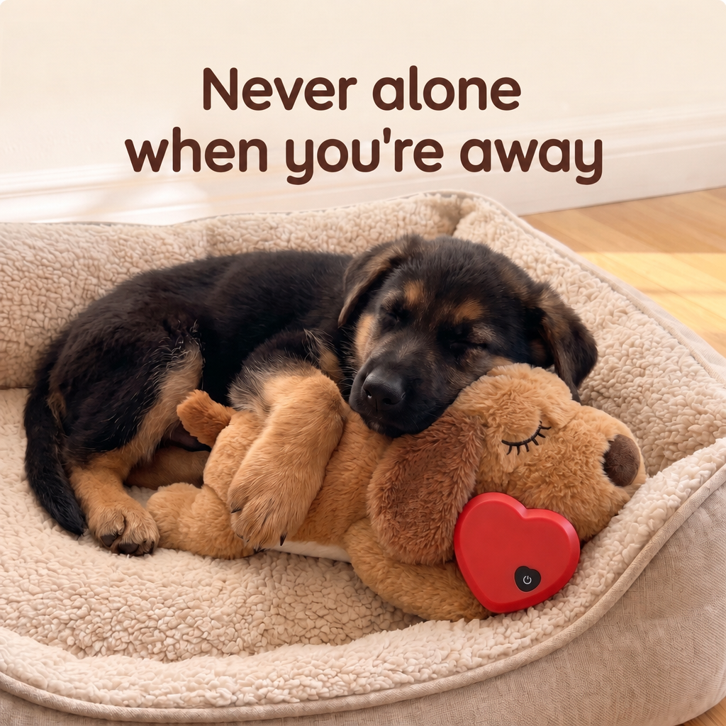 Dog cuddling the Heartbeat Puppy