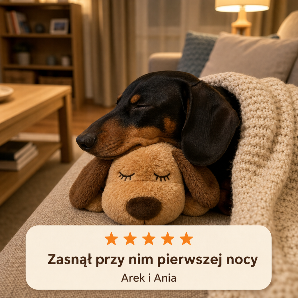 Pies śpi wtulony w pluszaka